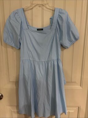 Light Blue Puff-Sleeve Casual Girls' Dress